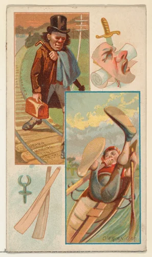 The Drama is Making Long Strides / O'er an Oar, from the Jokes series (N118) issued by Duke Sons & Co. to promote Honest Long Cut Tobacco by W. Duke, Sons & Co., print, 1890-1893