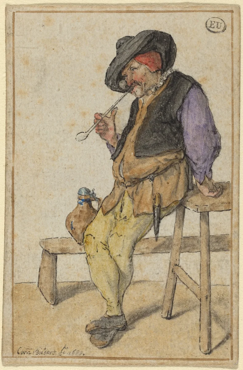 Peasant Smoking by Cornelis Dusart, drawing, 1689