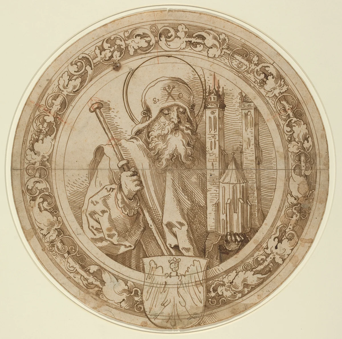 Saint Sebald Carrying the Model of His Church in Nuremberg by Sebald Beham, drawing, 1521