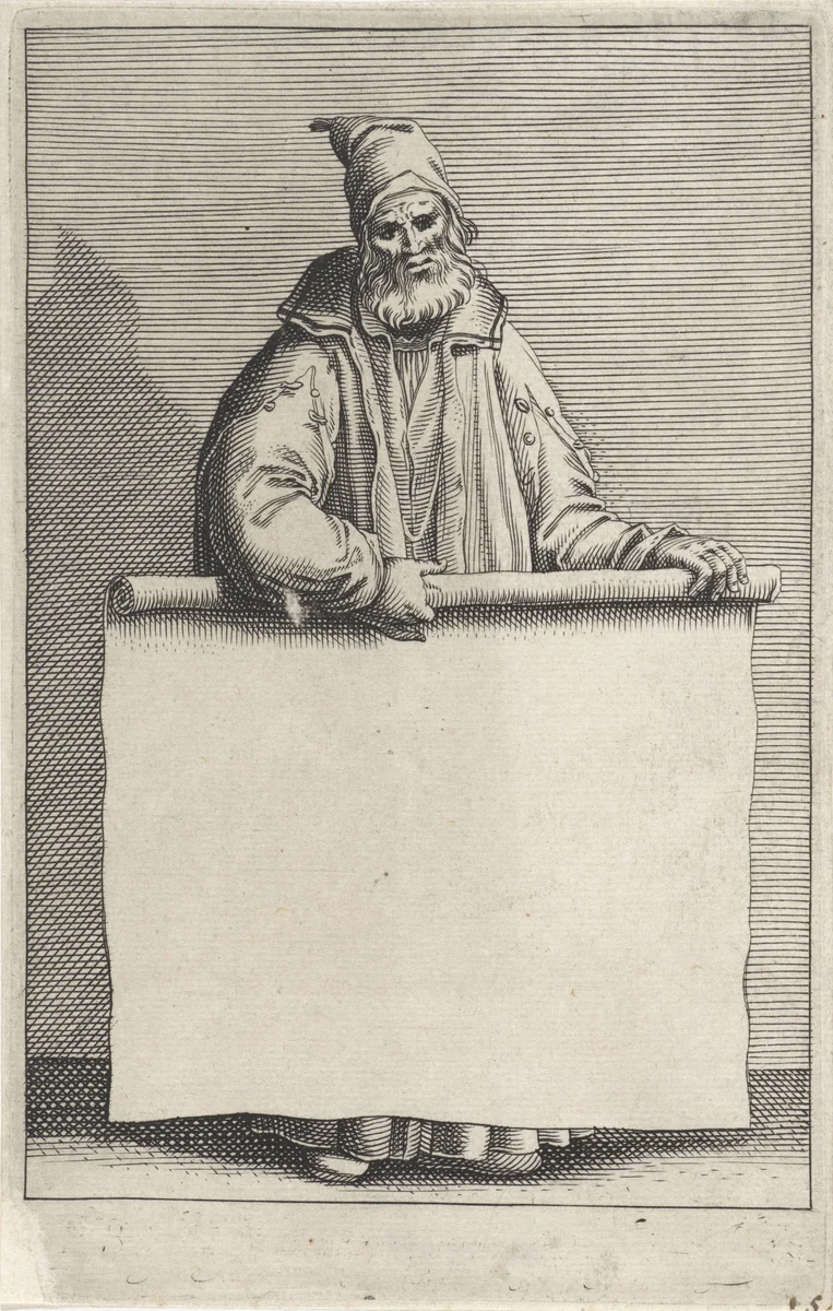 Oude man met rol papier by Pieter Serwouters, print, 1601-1657