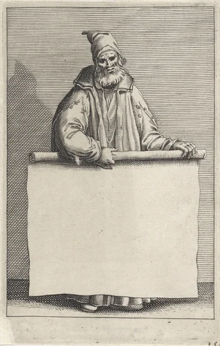 Oude man met rol papier by Pieter Serwouters, print, 1601-1657