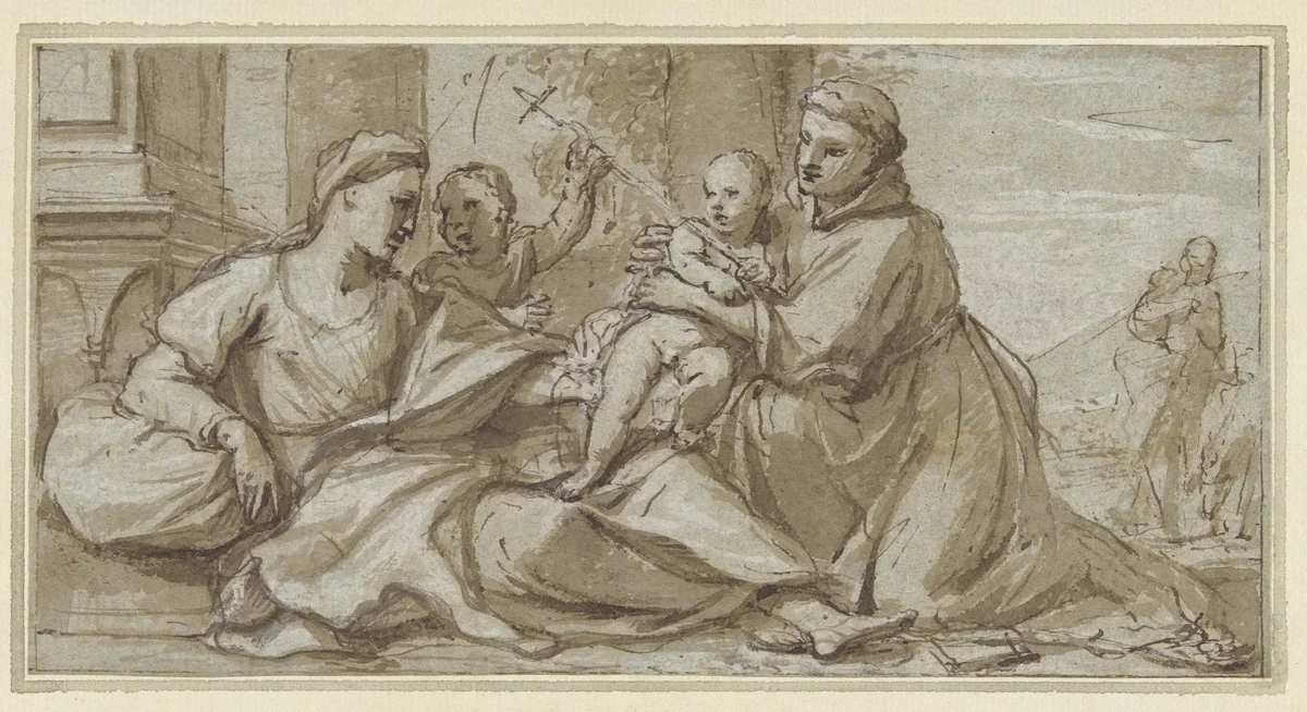 Maria met Christuskind, Johannes de Doper en H. Antonius van Padua by Gregorio Lazzarini, drawing, 1600-1699