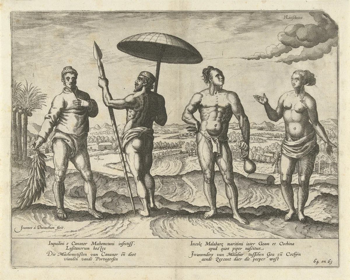 Twee mannen uit Cananor en een stel uit Malabar by Joannes van Doetechum, print, 1596
