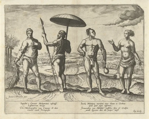 Twee mannen uit Cananor en een stel uit Malabar by Joannes van Doetechum, print, 1596