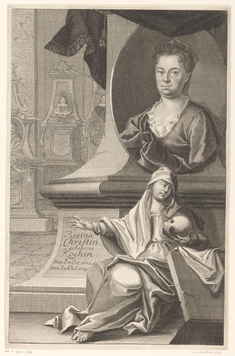 Portret van Regina Christ by Martin Bernigeroth, print, 1714-1733