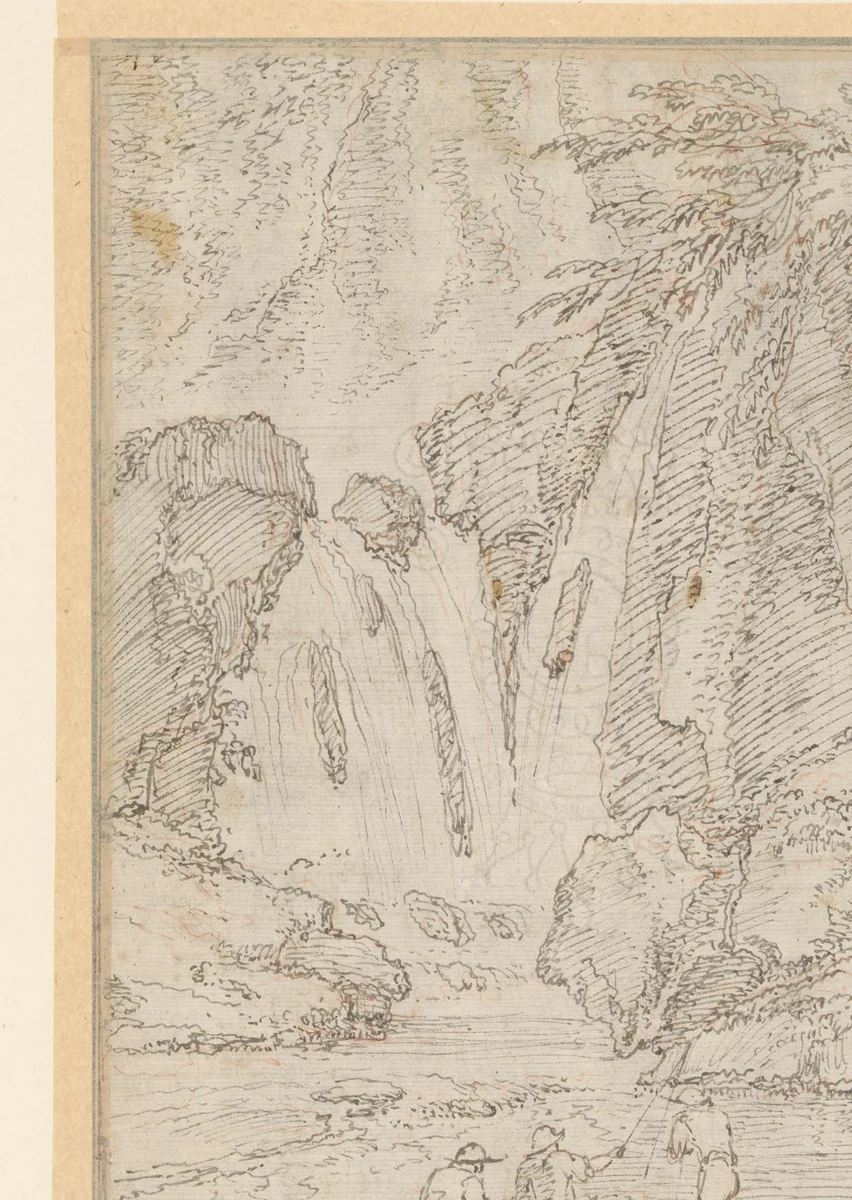 Vissers bij een waterval by Gaspard Dughet, drawing, 1625-1675