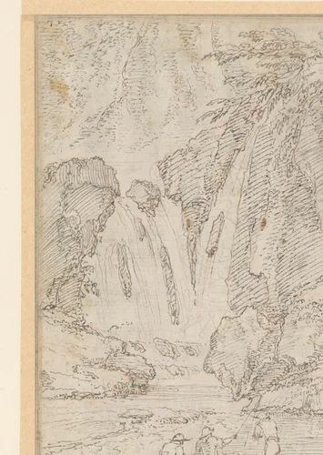 Vissers bij een waterval by Gaspard Dughet, drawing, 1625-1675