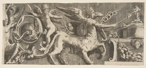 Ornament frieze with winged Centaur by Giulio Bonasone, print, 1531-1576