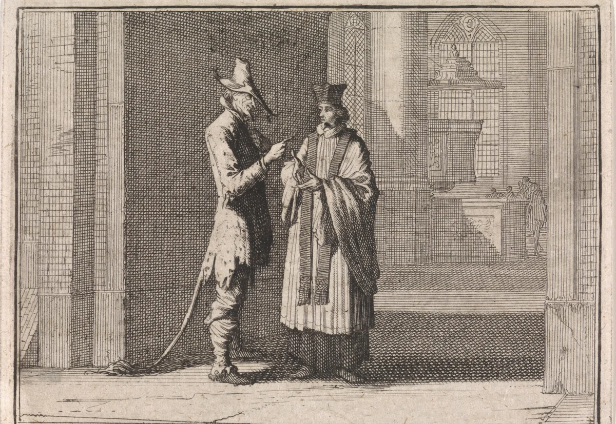 Pastoor in gesprek met de duivel voor de ingang van een kerk by Caspar Luyken, print, 1710