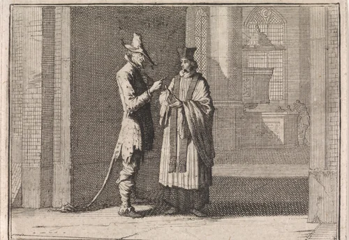 Pastoor in gesprek met de duivel voor de ingang van een kerk by Caspar Luyken, print, 1710