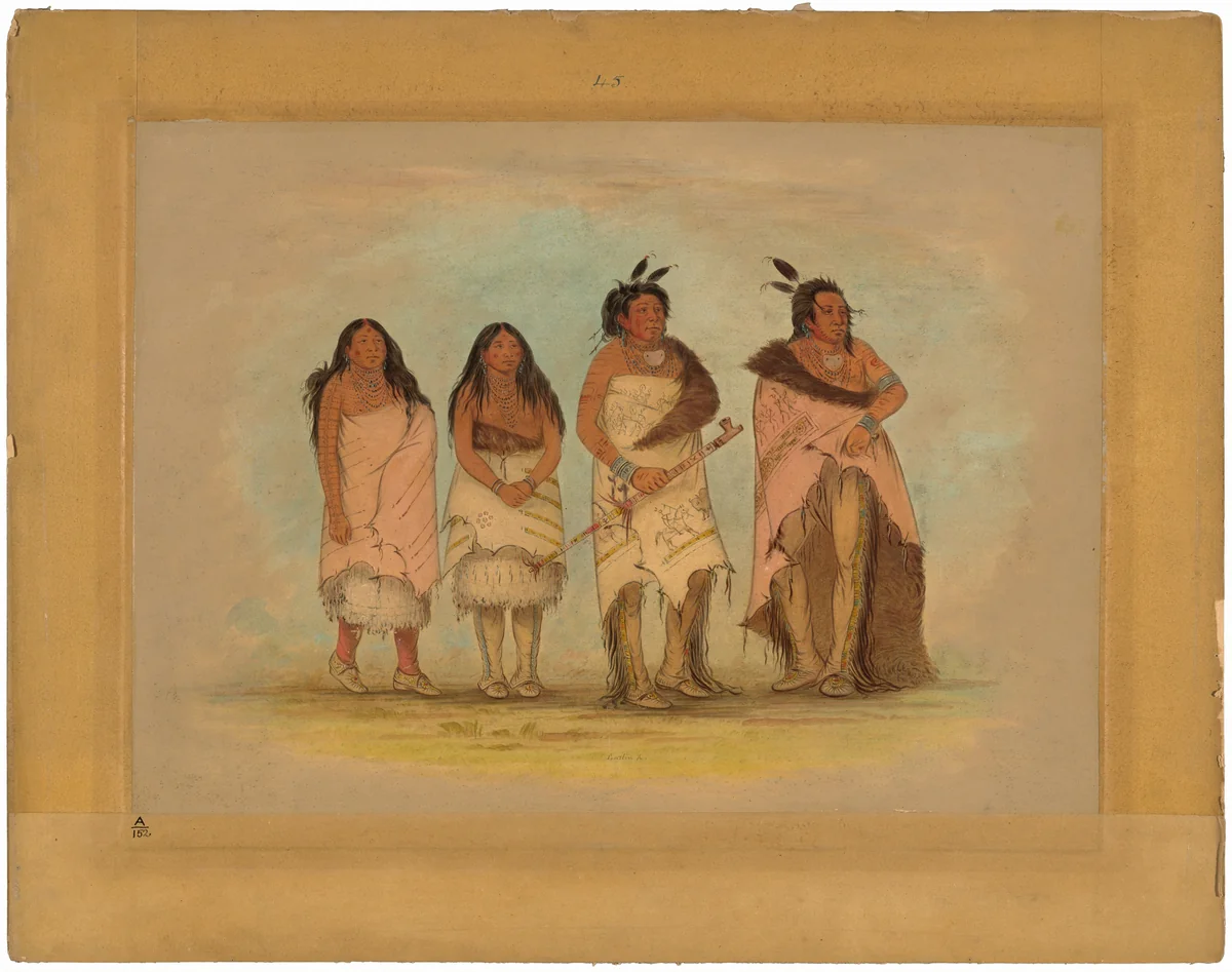 Pawneepict Chief, Two Daughters, and a Warrior by George Catlin, painting, 1861-1869