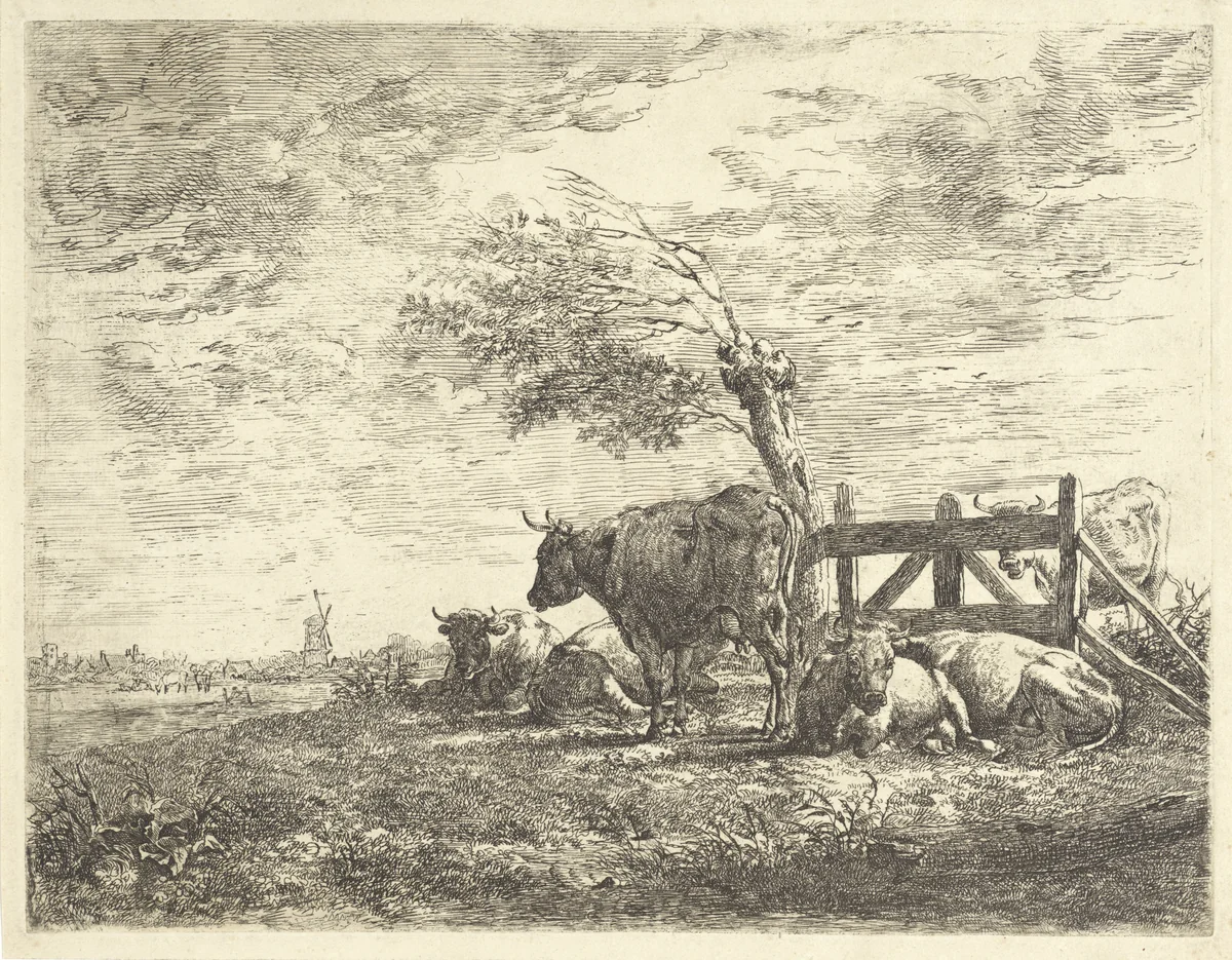 Koeien bij een hek en een knotwilg by Albertus Verhoesen, print, 1816-1881