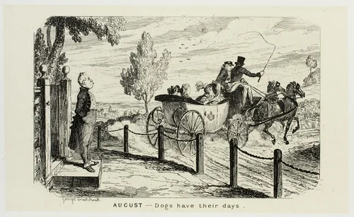 August - Dogs Have Their Days from George Cruikshank's Steel Etchings to The Comic Almanacks: 1835-1853 by George Cruikshank, print, 1839