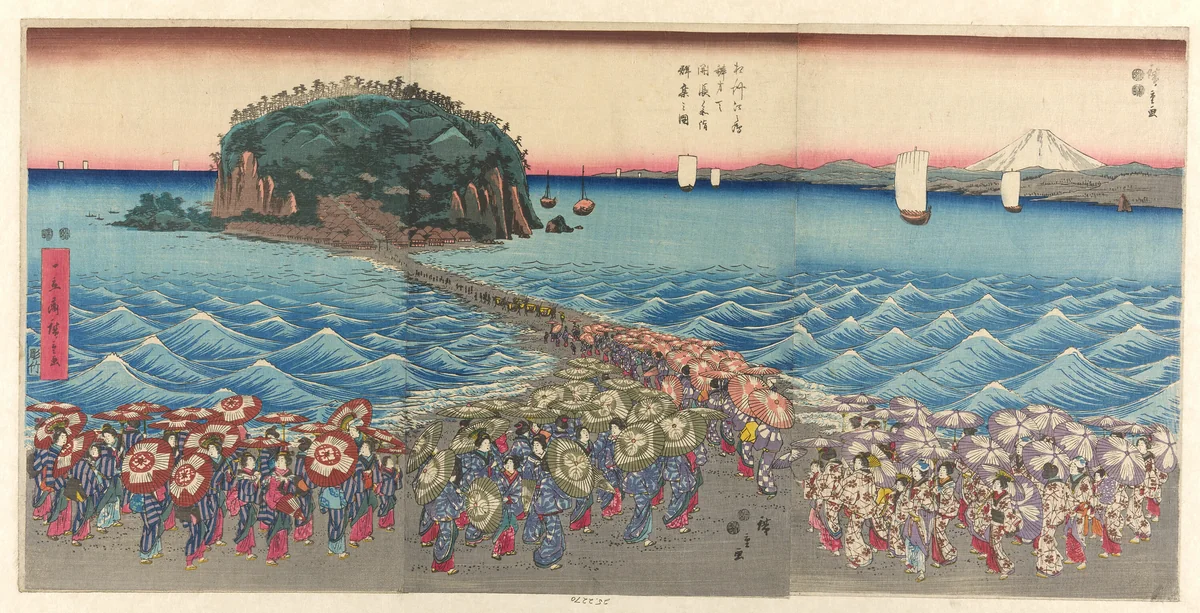 Crowd Visiting Benzaiten Shrine at Enoshima in Sagami Province (Soshu Enoshima Benzaiten kaicho sankei gunshu no zu) by Utagawa Hiroshige (歌川広重), print, 1842-1857