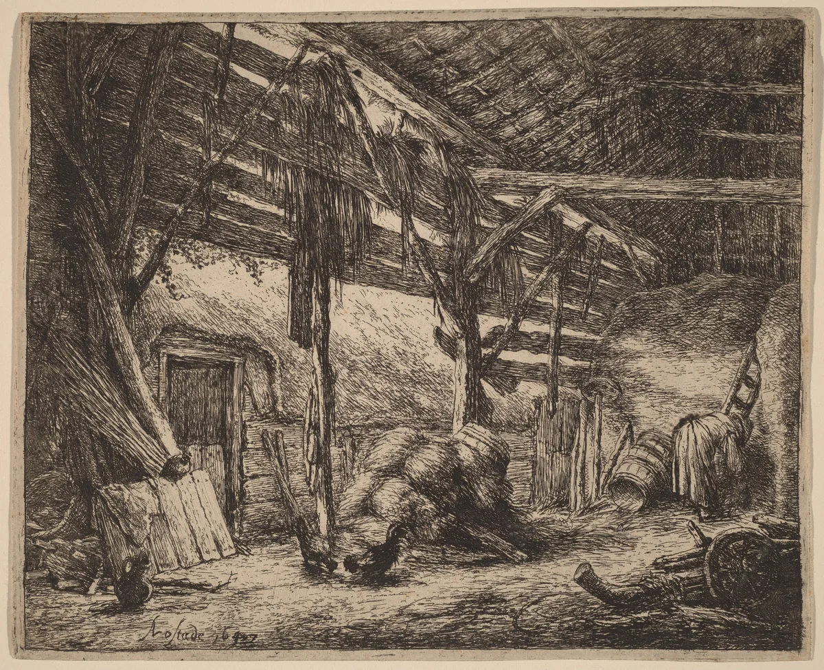 Interior of a Barn with a Peasant Woman at Work by Adriaen van Ostade, print, 1647