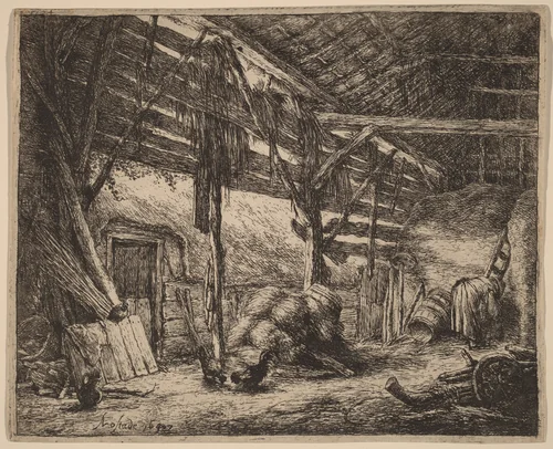 Interior of a Barn with a Peasant Woman at Work by Adriaen van Ostade, print, 1647