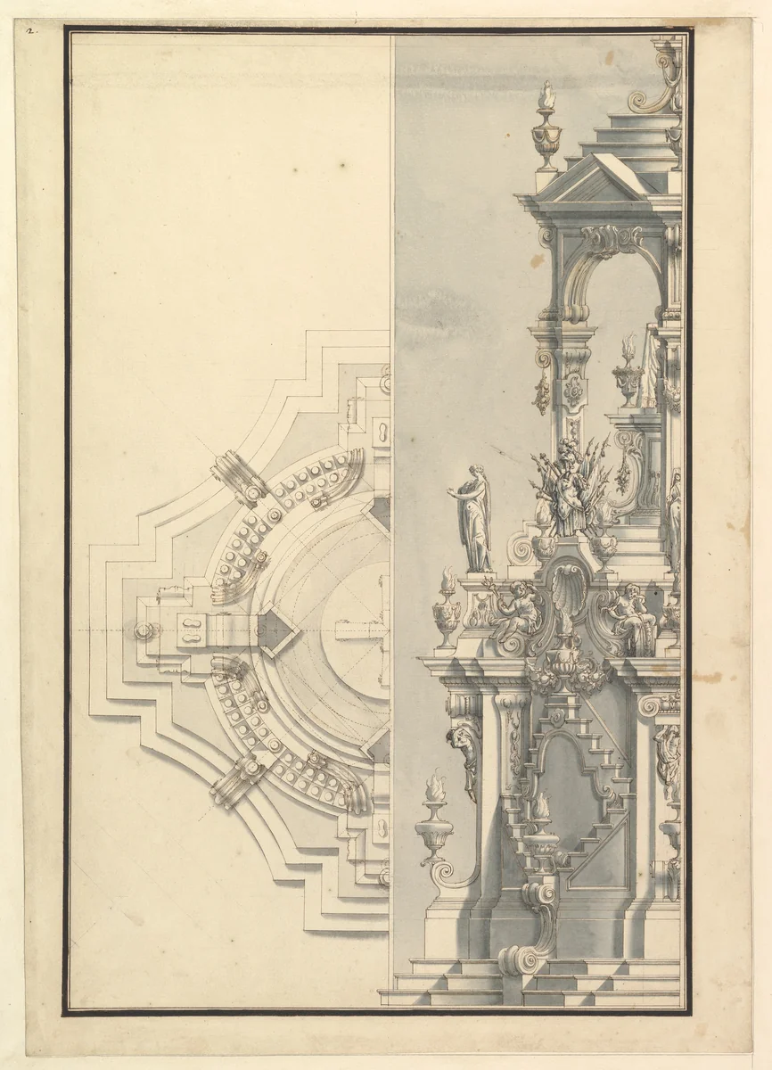 Half Elevation and Half Ground Plan for a Catafalque for a Duke by Giuseppe Galli Bibiena, drawing, 1696-1756