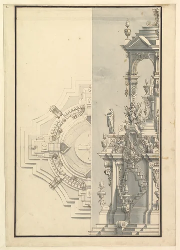 Half Elevation and Half Ground Plan for a Catafalque for a Duke by Giuseppe Galli Bibiena, drawing, 1696-1756