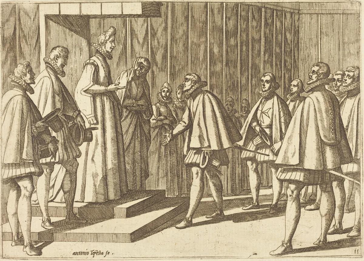 Italian Prince before Margaret of Austria by Antonio Tempesta, print, 1612