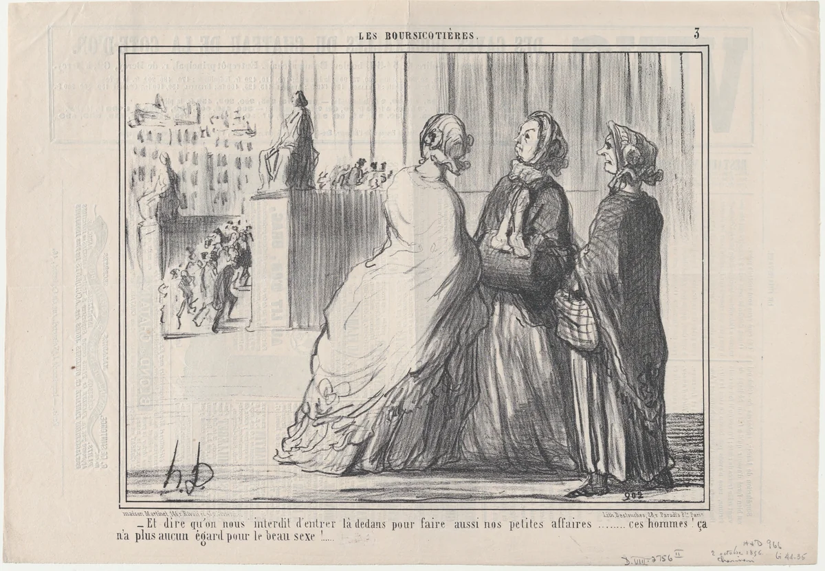Et dire qu'on nous interdit d'entrer..., from Les Boursicotières, published in Le Charivari, October 2, 1856 by Honoré Daumier, print, 1856