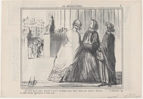 Et dire qu'on nous interdit d'entrer..., from Les Boursicotières, published in Le Charivari, October 2, 1856 by Honoré Daumier, print, 1856