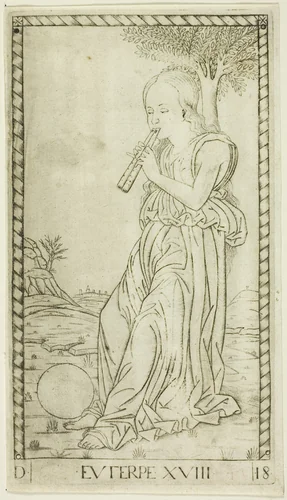 Euterpe, plate eighteen from Apollo and the Muses by Master of the E-Series Tarocchi, print, 1460-1470