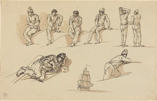 Eight Studies of Figures and a Ship at Sea by Claude Joseph Vernet, drawing, 1714-1789
