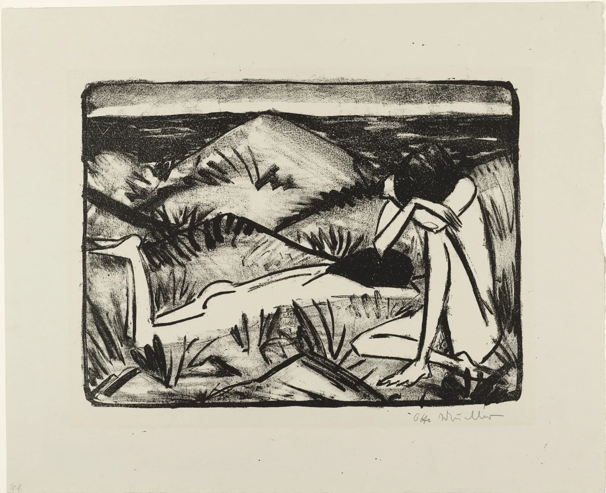 Two Girls in the Dunes at Sylt (Zwei Mädchen in den Dünen, Sylt) by Otto Mueller, print, 1920