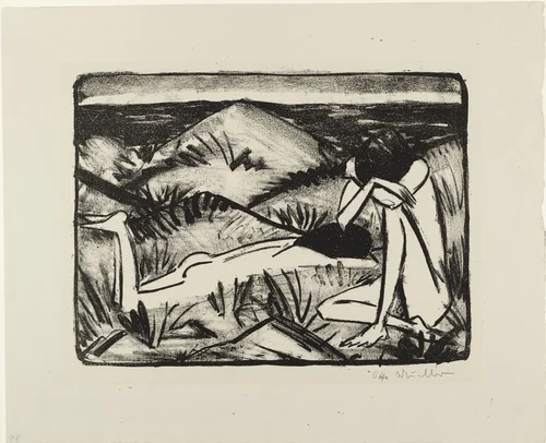 Two Girls in the Dunes at Sylt (Zwei Mädchen in den Dünen, Sylt) by Otto Mueller, print, 1920