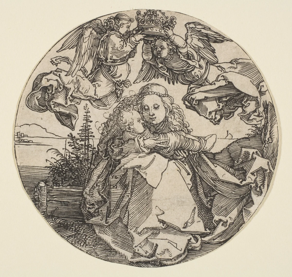 The Virgin and Child Crowned by Two Angels above a Landscape by Albrecht Dürer, print, 1504