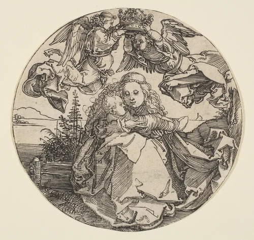 The Virgin and Child Crowned by Two Angels above a Landscape by Albrecht Dürer, print, 1504