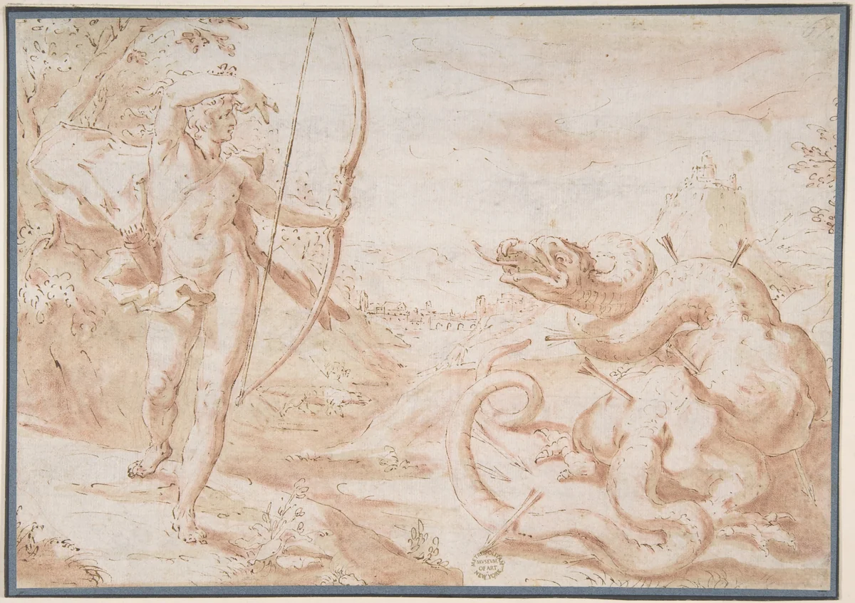 Apollo Slaying the Python by anonymous, drawing, 1600-1700