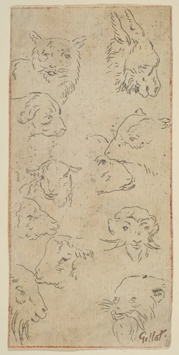 Study of animal heads by Claude Gillot, print, 1685-1722
