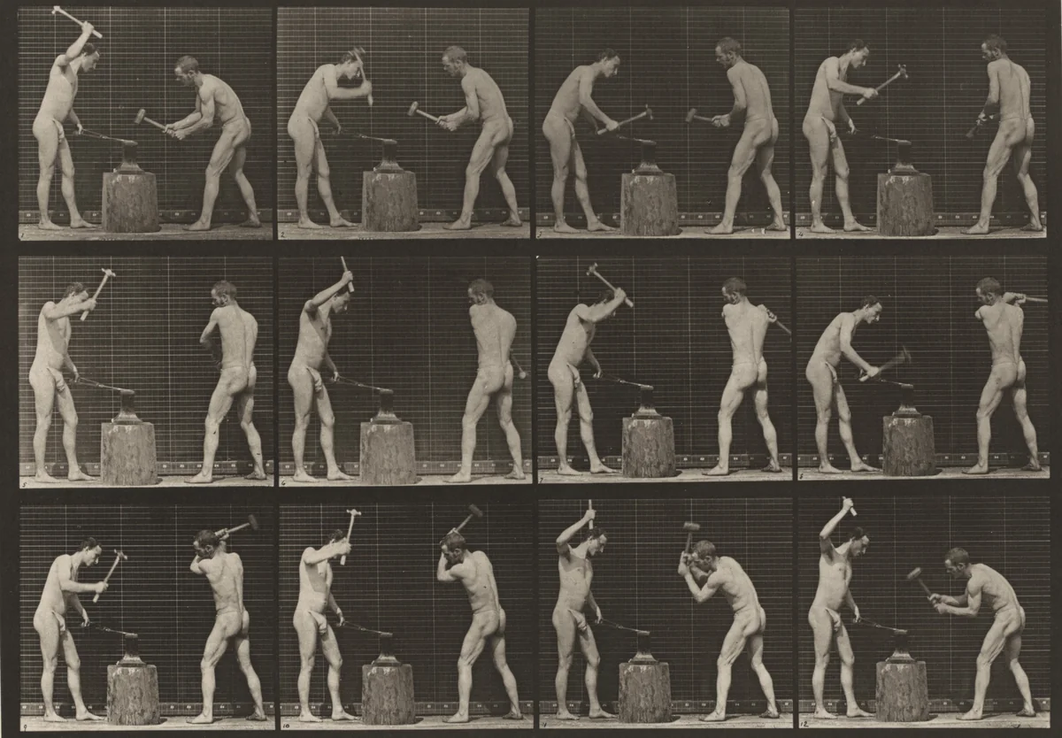 Plate Number 374. Blacksmiths, hammering on anvil by Eadweard Muybridge, photograph, 1887