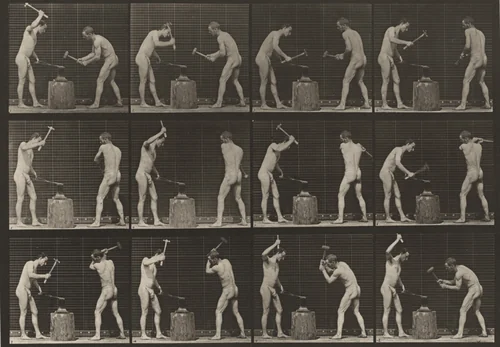 Plate Number 374. Blacksmiths, hammering on anvil by Eadweard Muybridge, photograph, 1887