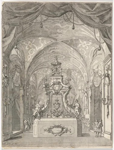 Catafalque for the Funeral of the Duke of Parma Antonio I in the Church of S. Maria Maddalena in Bologna by Antonio Stiassi, print, 1726-1736