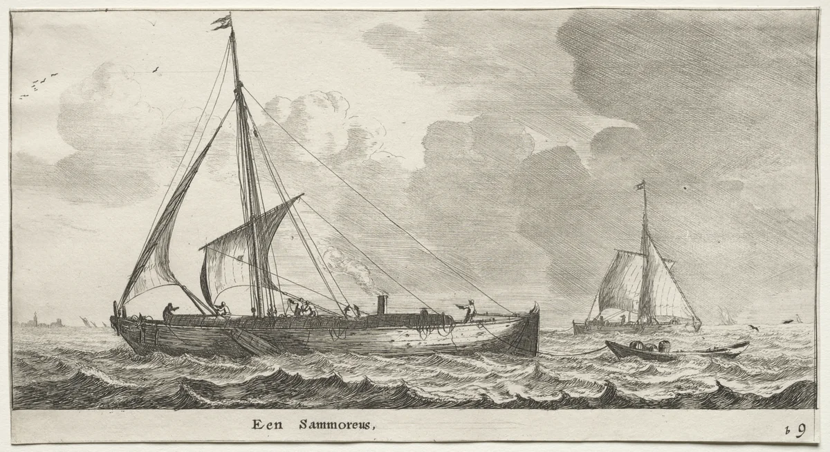 Various Ships and Views of Amsterdam (Verscheÿde Schepen en Gesichten van Amstelredam), Part II: A Merchantman by Clement de Jonghe, print, 1652-1654