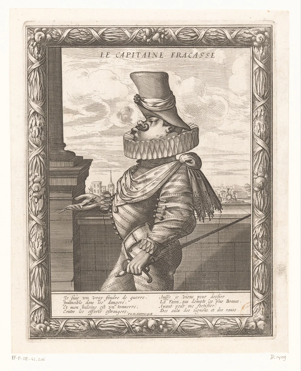 Karikatuur van een Spaanse kapitein by Abraham Bosse, print, 1635