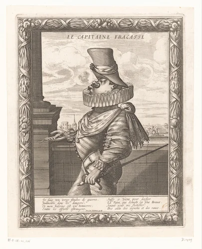Karikatuur van een Spaanse kapitein by Abraham Bosse, print, 1635