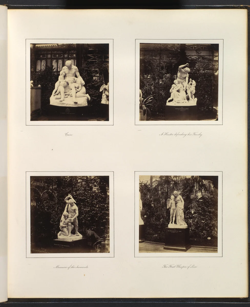 [Sculptures of Cain, a Hunter Defending his Family, the Massacre of the Innocents, and Allegorical Figures of the First Whisper of Love] by Philip Henry Delamotte, photograph, 1857-1861