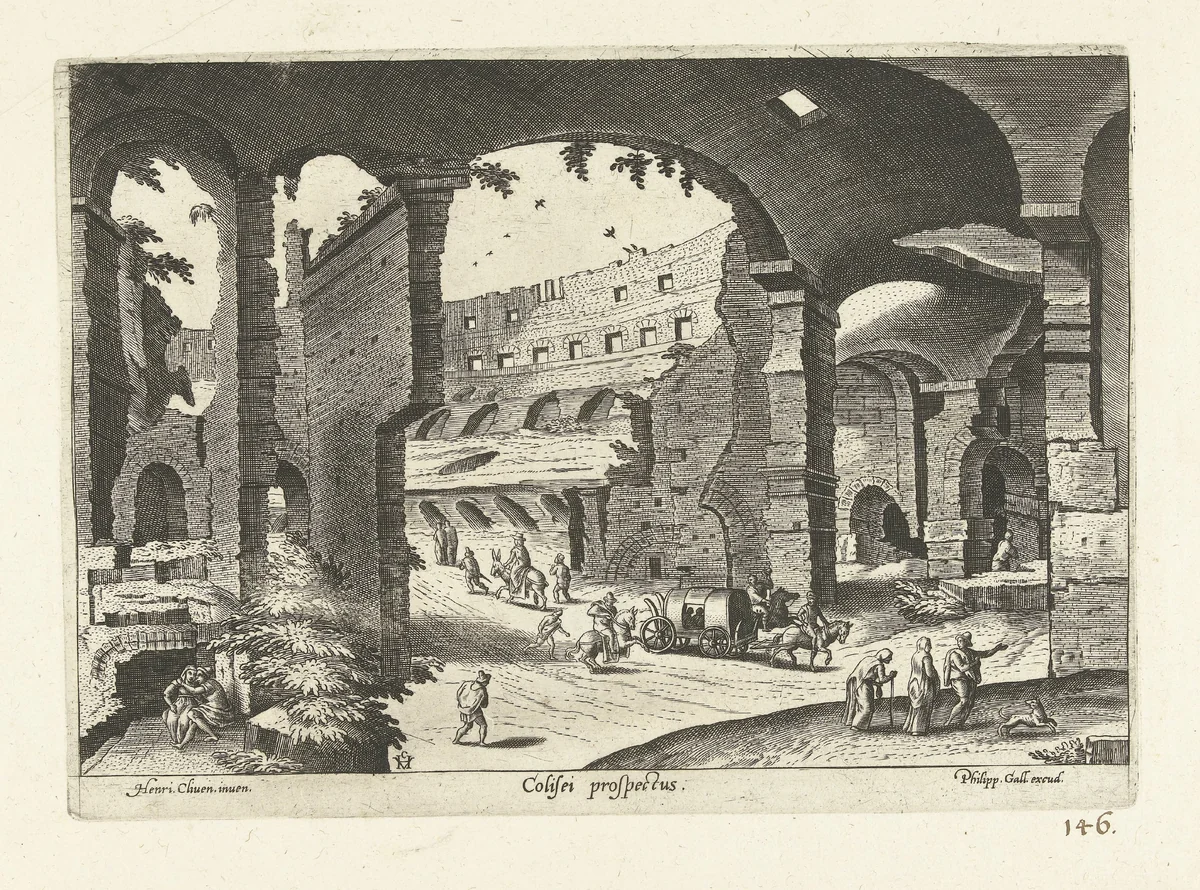 Gezicht op de ruïnes van het Colosseum by anonymous, print, 1585