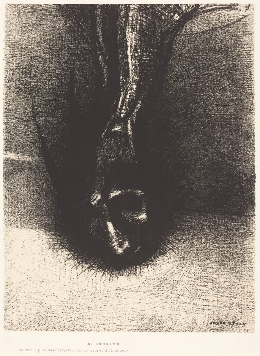 Les Sciapodes: La tete le plus bas possible, c'est le secret du bonheur! (The Skiapods: "The head as low as possible, that is the secret of happiness!") by Odilon Redon, print, 1889