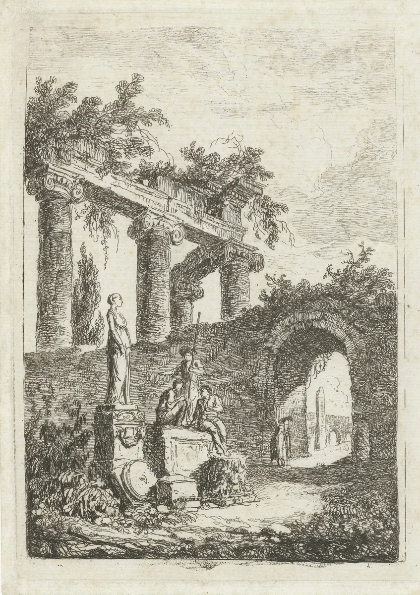 Een beeld voor een ruïne by Hubert Robert, print, 1763-1766