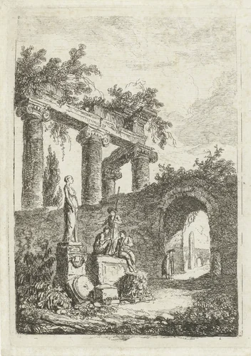 Een beeld voor een ruïne by Hubert Robert, print, 1763-1766