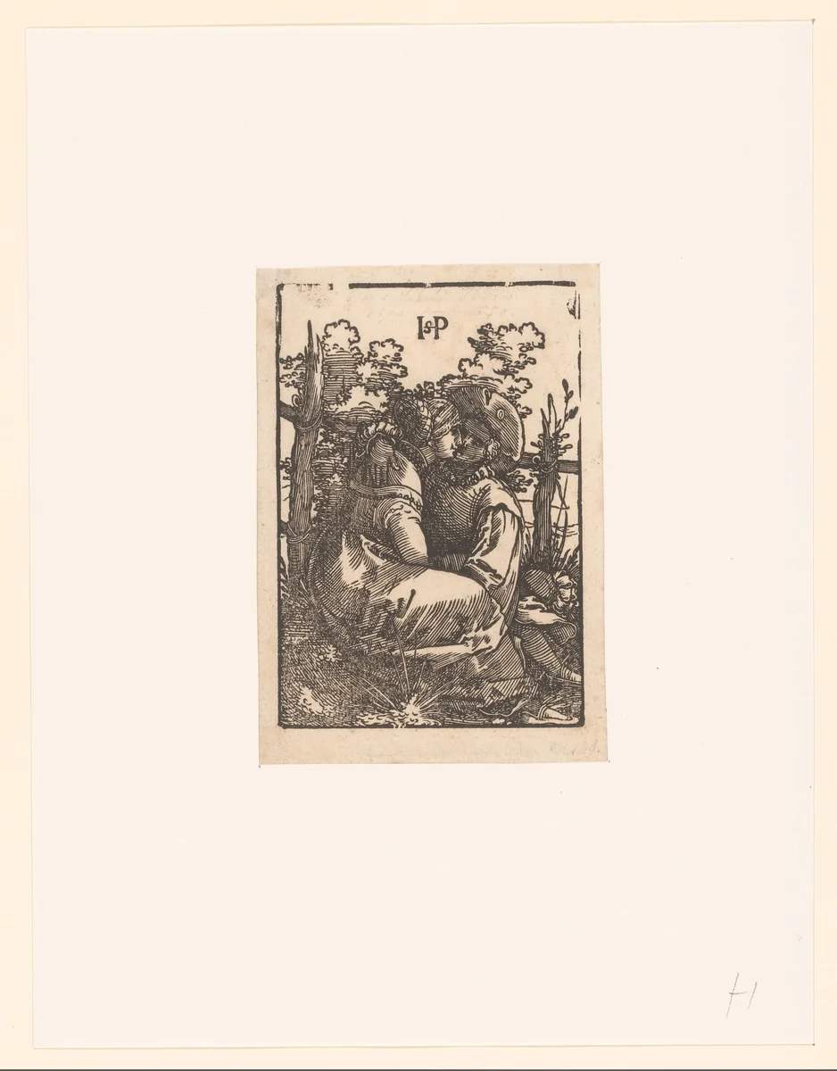 Liefdespaar zittend voor een hek by anonymous, print, 1522