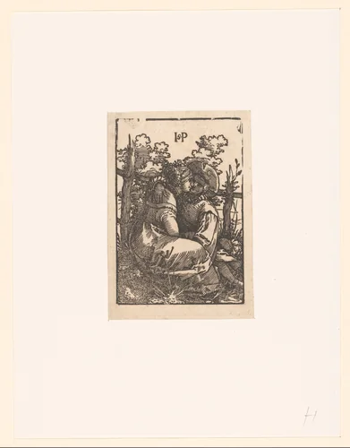 Liefdespaar zittend voor een hek by anonymous, print, 1522