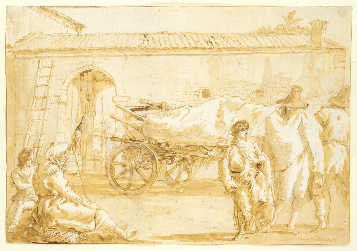 Peasants with a Farm-cart by Giovanni Domenico Tiepolo, drawing, 1785-1795