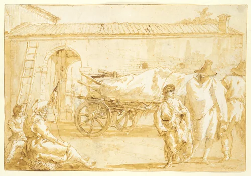 Peasants with a Farm-cart by Giovanni Domenico Tiepolo, drawing, 1785-1795