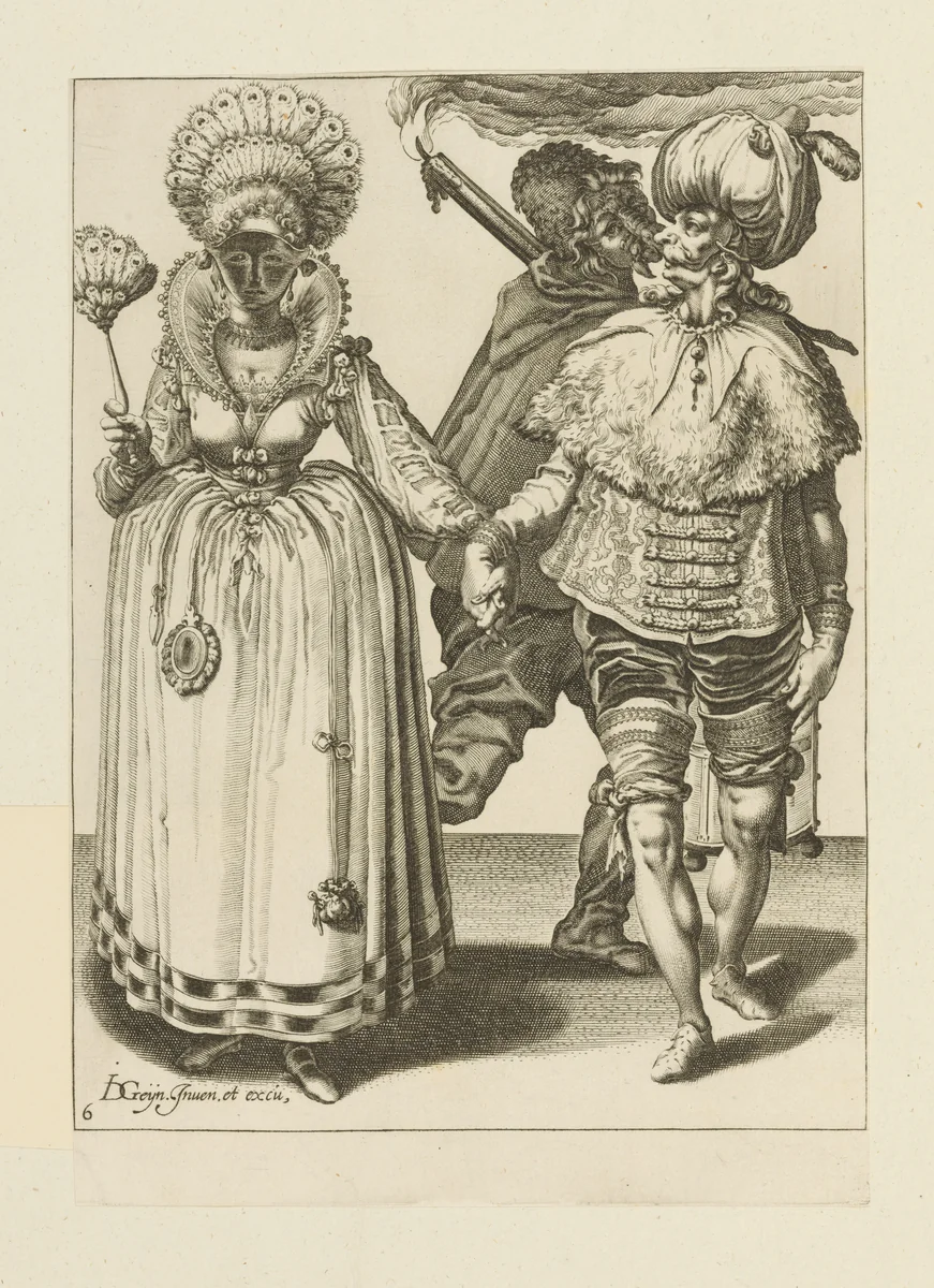A Man with a Turban Leading a Woman by the Hand, Behind Them a Torchbearer, plate 6 from "The Masquerades" by Jacques de Gheyn II, print, 1595-1596