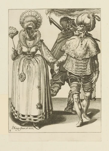 A Man with a Turban Leading a Woman by the Hand, Behind Them a Torchbearer, plate 6 from "The Masquerades" by Jacques de Gheyn II, print, 1595-1596
